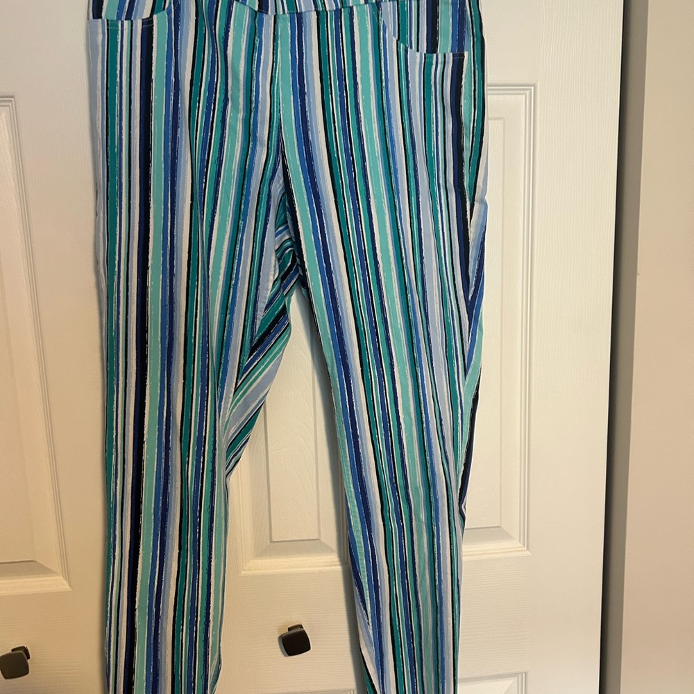 Striped Clam Digger pull on pant! Anthony’s! Turquoise, white, black, and green.